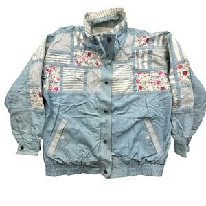 Vintage 90s Current Seen Chambray Denim Patchwork Floral Jacket Womens Large